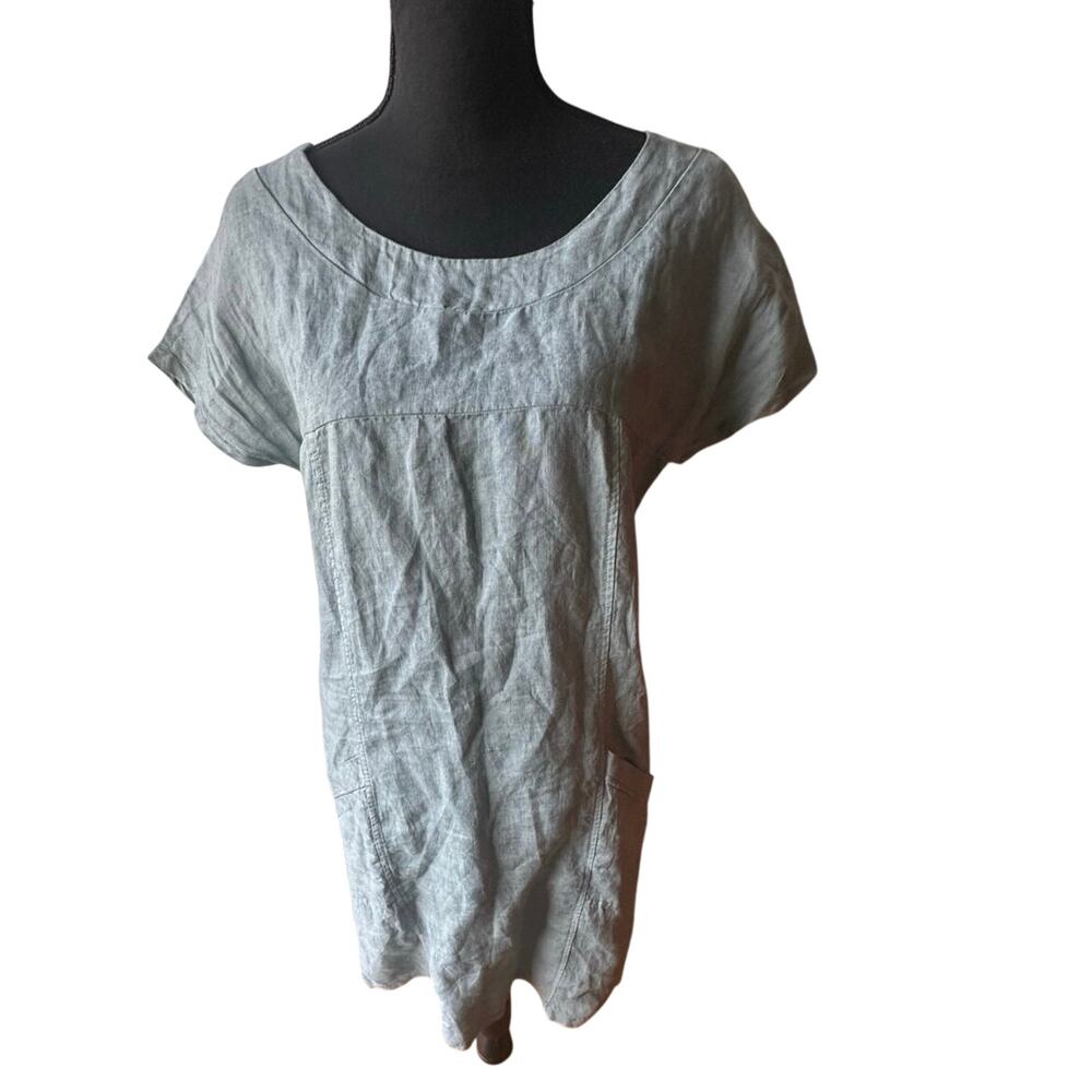 Beslika Linen Shift Dress M Light Blue Cap Sleeve Pockets Casual Chic Style